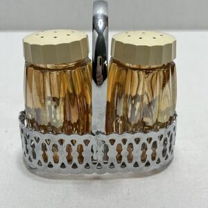 Vintage Iridescent Marigold Carnival Glass Mellon Rib Salt & Pepper Set Caddy